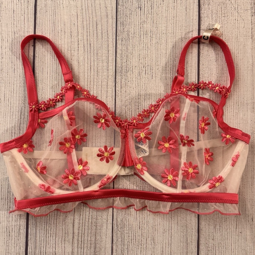 Intimissimi Floral Embroidered Sheer Mesh Underwire Longline Bra 36C Red Sexy